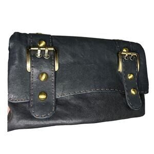 Carla Mancini Black Leather Clutch Handbag Gold Hardware Purse Chic Classic